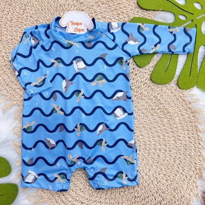 Linha Praia - Macacão Curto Fundo do Mar com Proteção UV50+ - Azul